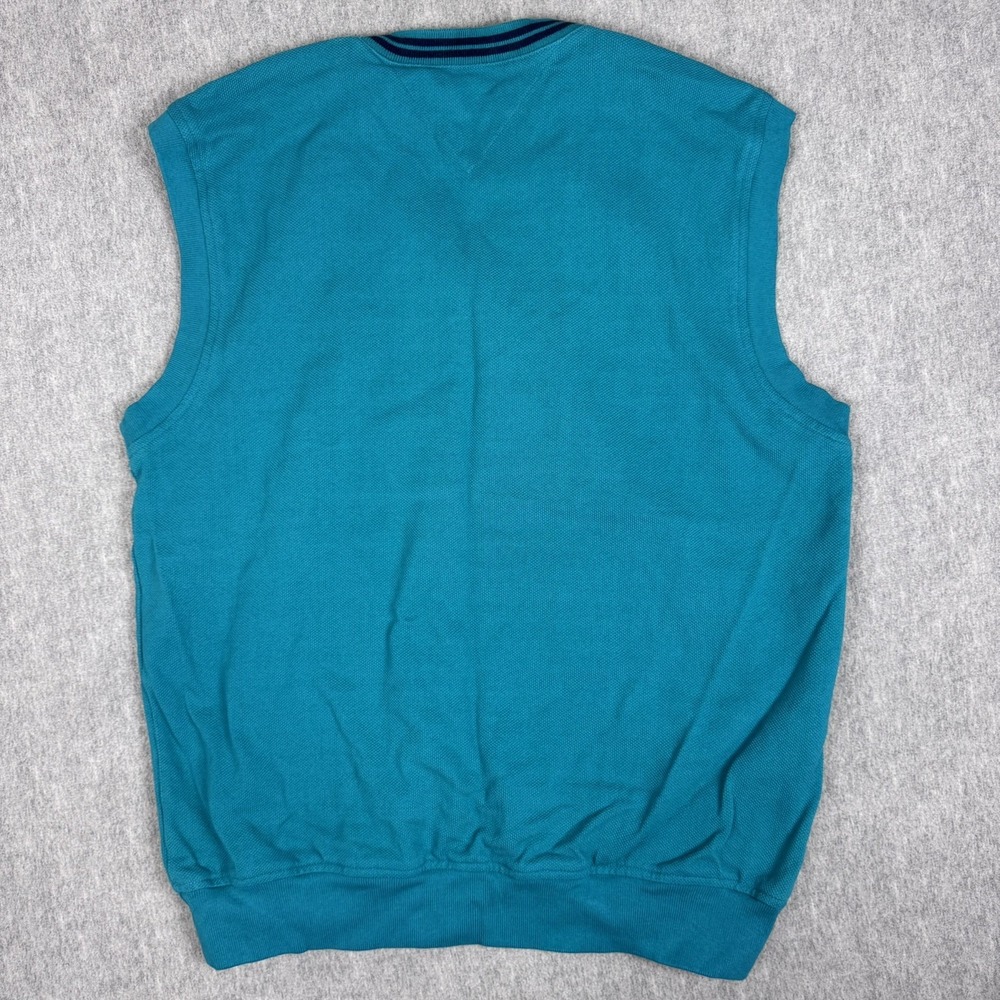 Vintage Tommy Hilfiger Golf Sweater Vest Men L Teal Crest V Neck 100% Cotton - Picture 2 of 9